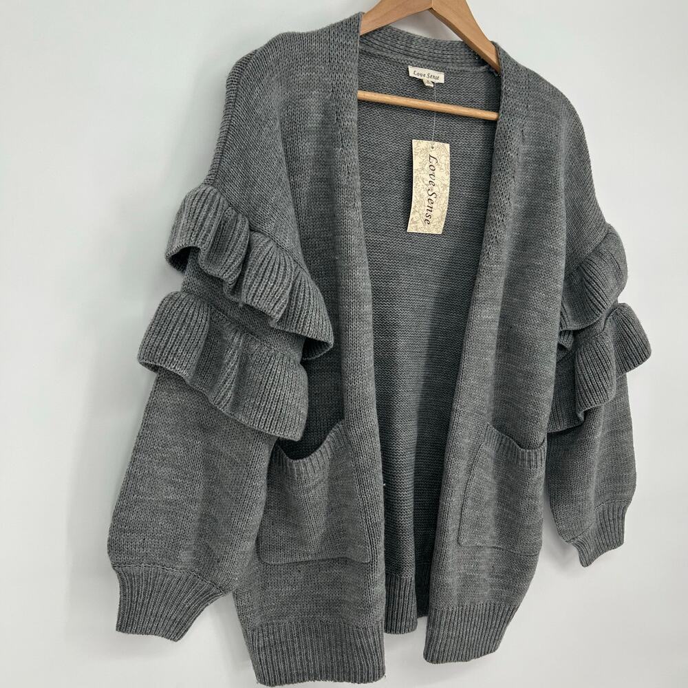 Love Sense Gray Cardigan Sz S NWT – Ruffle Statement Sleeves – Chunky Knit - Picture 2 of 7